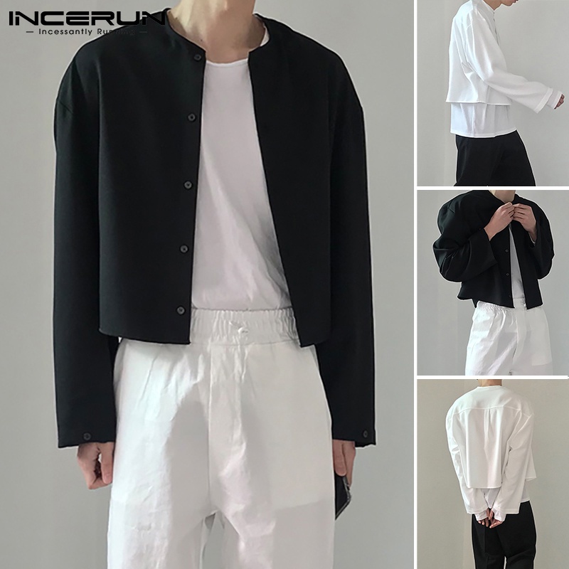 Áo INCERUN dài tay màu trơn có hàng nút mỏng dáng rộng phong cách đơn giản cho nam