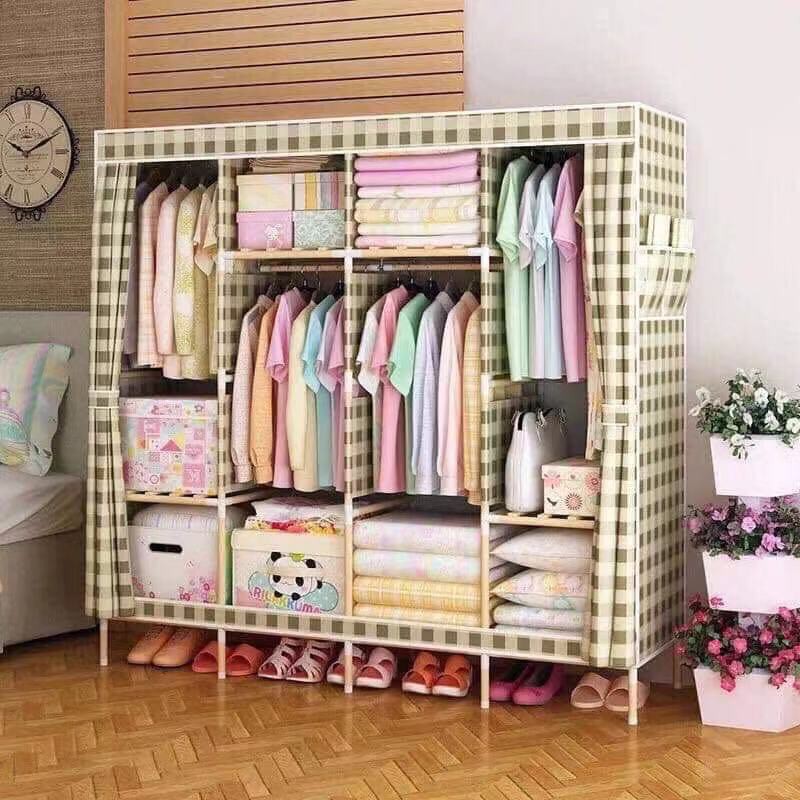 Tủ quần áo 💥FREESHIP💥 Tủ vải đựng quần áo khung gỗ 4 buồng 8 ngăn size 1.7m cao cấp