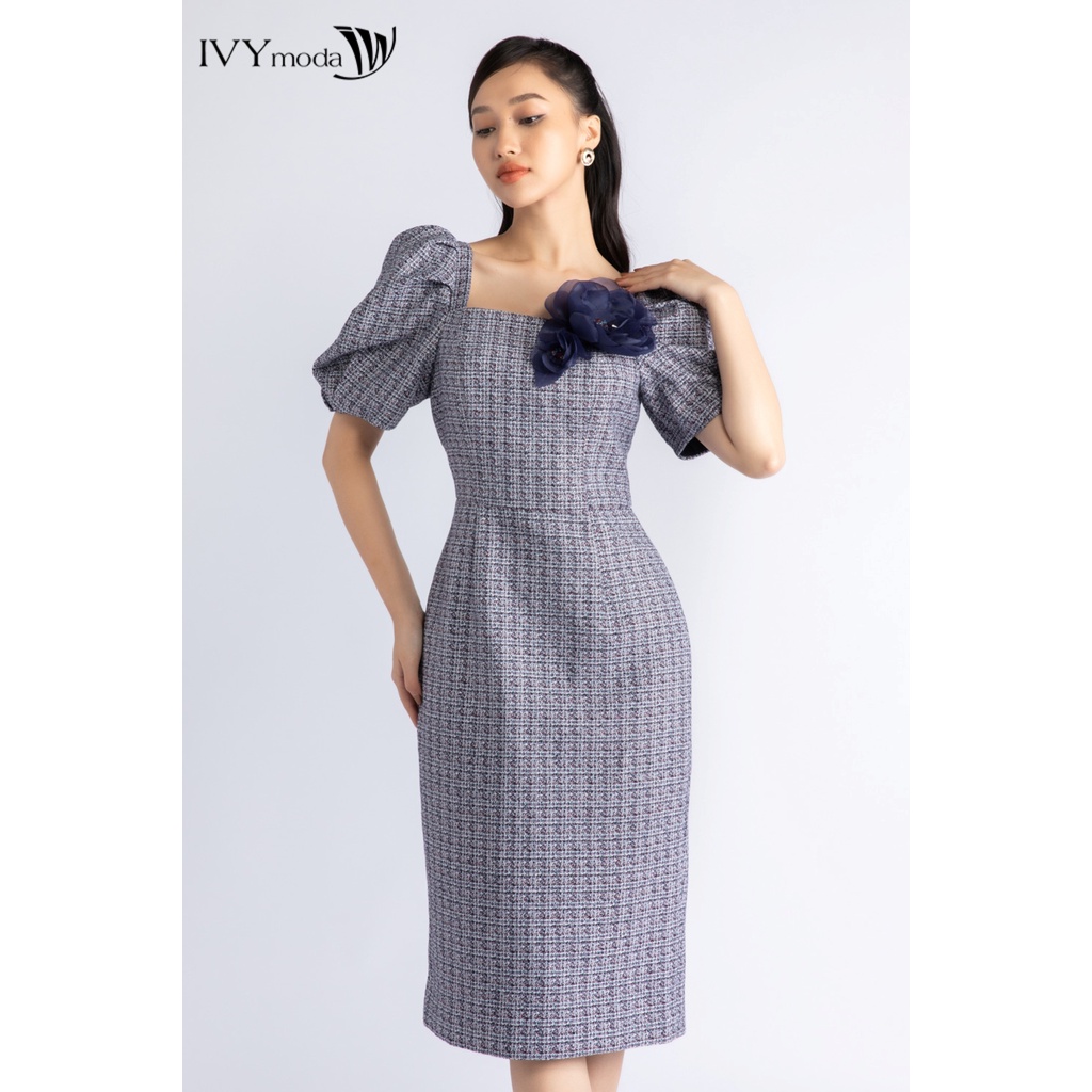 Đầm tweed ôm hoa nổi IVY moda MS 48M6906