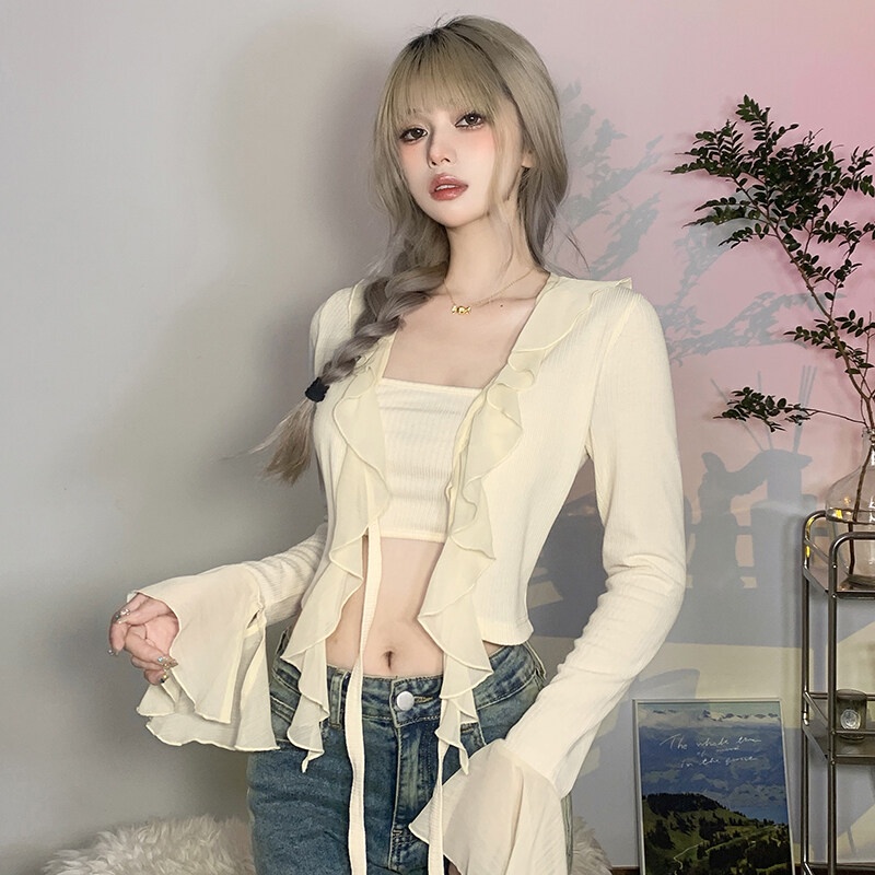 Kliou 2023 Mới Áo crop top Kliou tay dài ống loe nhún bèo thời trang Pháp tinh tế cá tính cho nữ