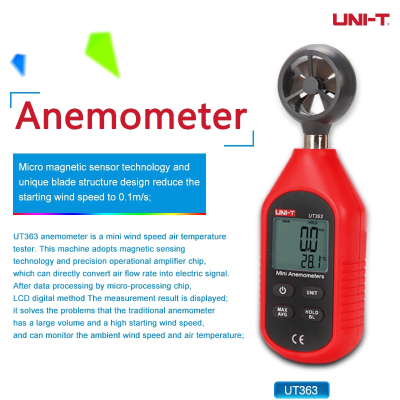 Máy đo tốc độ nhỏ ° C / ° F Màn hình LCD đo nhiệt độ gió Hai màn hình Giữ dữ liệu trung bình tối đa được sử dụng trong hệ thống sưởi UT363