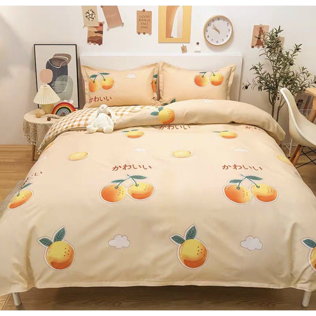 Bộ chăn ga gối drap giường chất cotton poly họa tiết trái cam