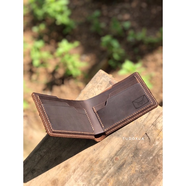 Ví da ngang khắc tên TUDOXUA MNS005 chất liệu da bò thật, tặng kèm móc khóa da