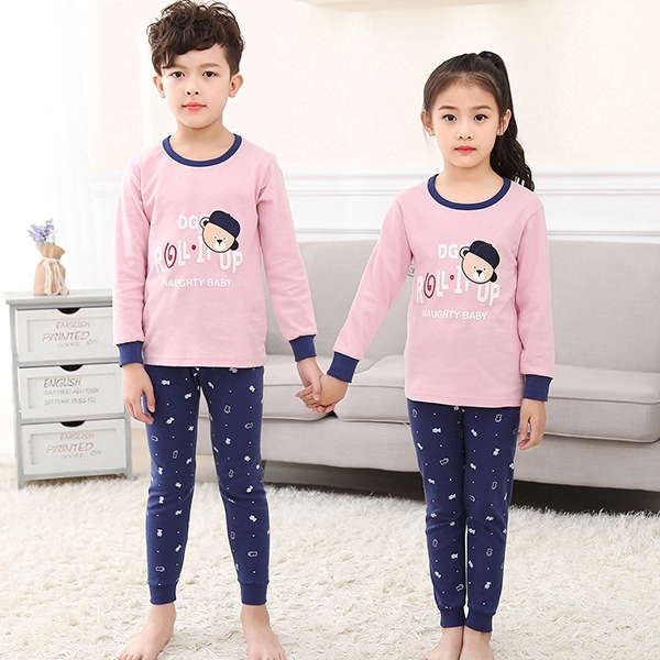 Bộ đồ ngủ tay dài 2 món chất liệu cotton in họa tiết gấu dễ thương cho bé trai và gái