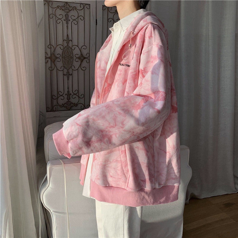 Áo khoác IELGY tay dài dáng rộng màu nhuộm phối khóa kéo thời trang cho cả nam và nữ