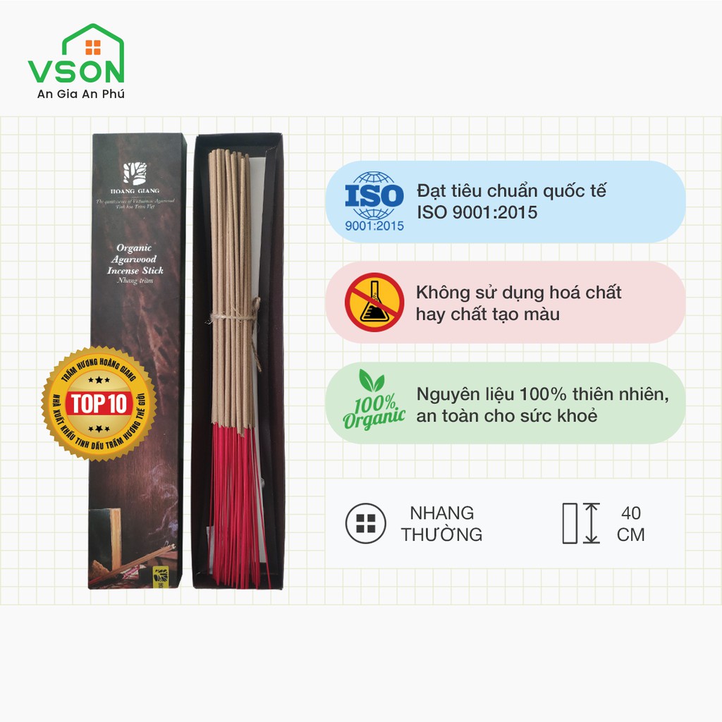 Nhang trầm hương Hoàng Giang - Không chứa hoá chất, hương gỗ trầm đậm đà - 30,40 cm - hộp 50, 100 cây