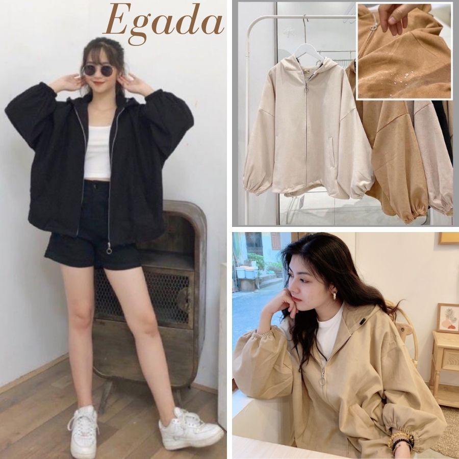 Áo nhung lì tay phồng có mũ dáng rộng, Áo khoác nhung lì kéo khóa tay phồng | BigBuy360 - bigbuy360.vn