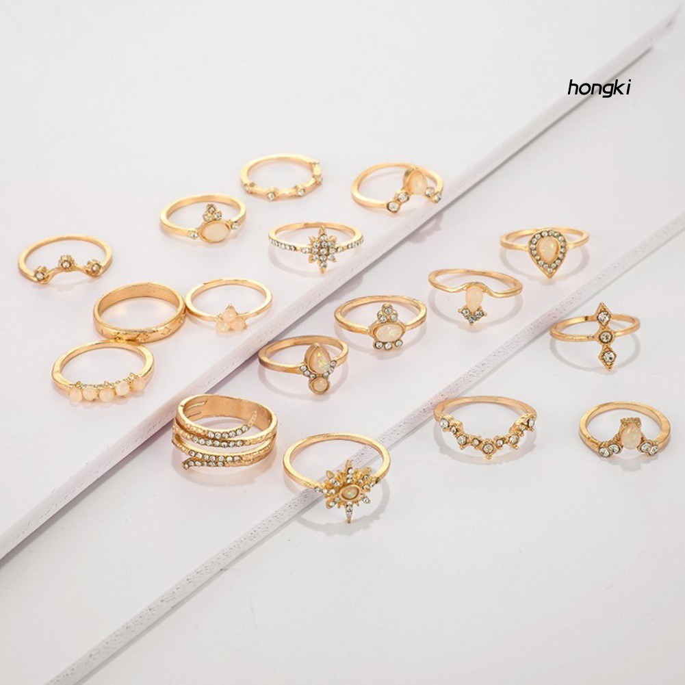 Set 17 nhẫn đính đá quý nhân tạo phong cách bohemian thời trang cho nữ