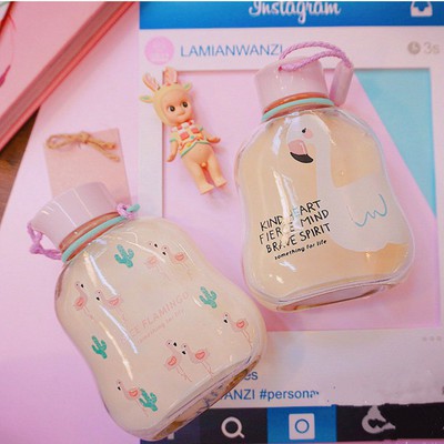 cốc nước hồng hạc BN26 thuỷ tinh bình nước 300ml - 450ml bình nước cute bình nước dễ thương