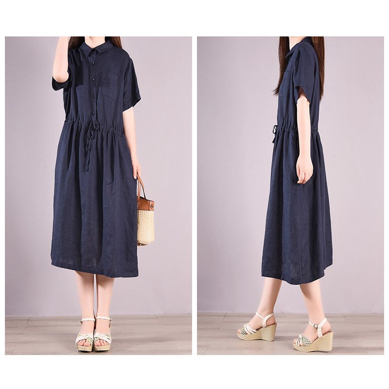 Đầm Nữ Form Suông Linen Cổ Sơ Mi Tay Ngắn Kèm Dây Thắt Eo Thoáng Mát