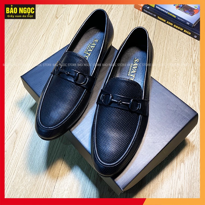 Giày Lười Nam Da Bò Dập Vân Chấm Nhỏ Cao Cấp Băng Xích Đen - Bảo Hành Da 12 Tháng - Đế Cao Su Đúc - Mã K2218