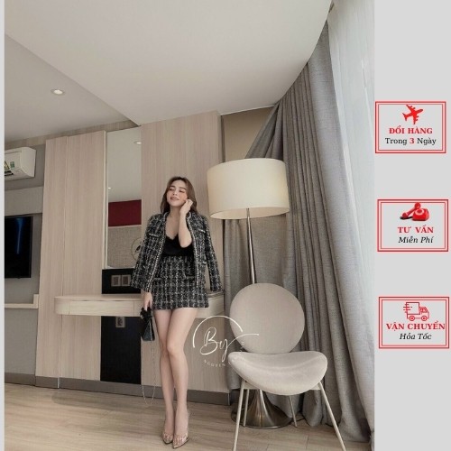 Set áo dạ tweed viền ngọc kèm chân váy kiểu hàn cao cấp thời trang nữ phong cách YoLo-Fashion