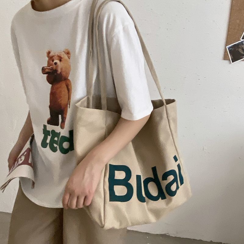 Túi xách canvas ngăn rộng in chữ phong cách Hàn Quốc