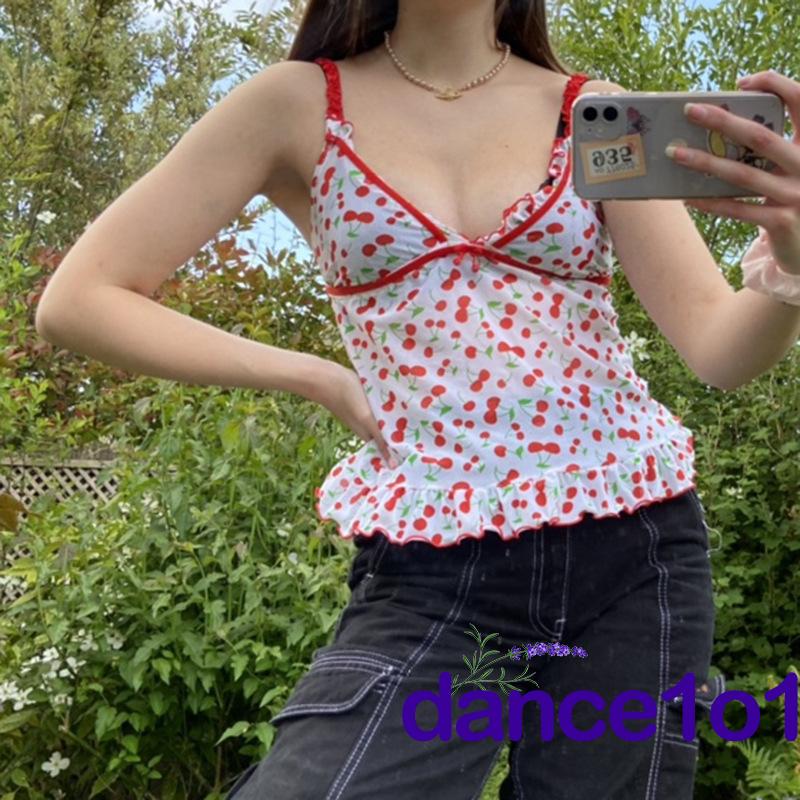 Áo Hai Dây In Hình Trái Cherry Gợi Cảm Cho Nữ