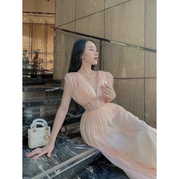 Maxi lưới lót phi hở xẻ ngực sexy quyến rũ gợi cảm quý phái - đầm váy xoè dài dự tiệc sự kiện cao cấp có hình thật