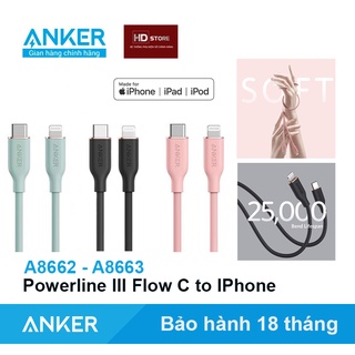 Cáp sạc nhanh Anker Powerline III Flow Type C To Lighting Iphone MFI – A8662 A8663 18W 20W 27W 0.9 Mét 1.8 Mét siêu mềm