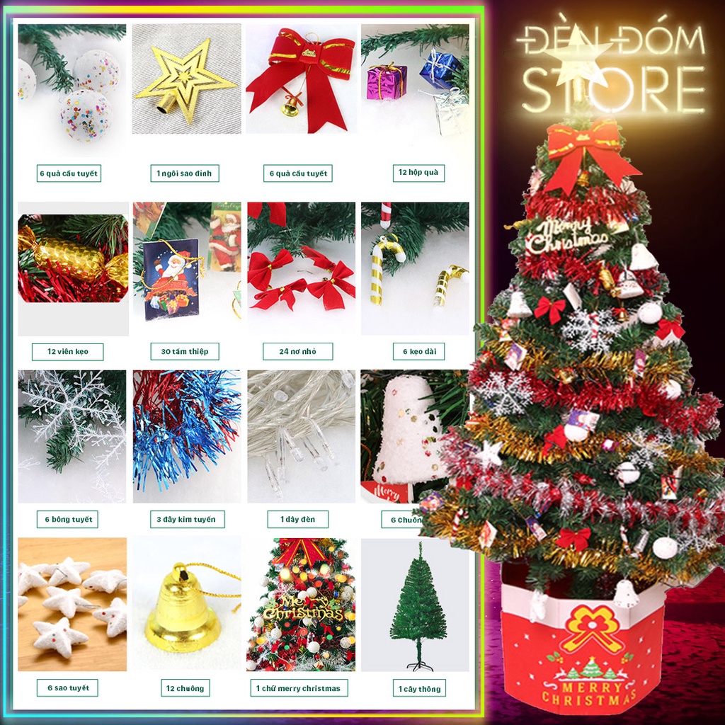 Cây thông Noel 1M5 đầy đủ 128 phụ kiện trang trí kèm đèn fairy light 16 triệu màu điều khiển APP điện thoại
