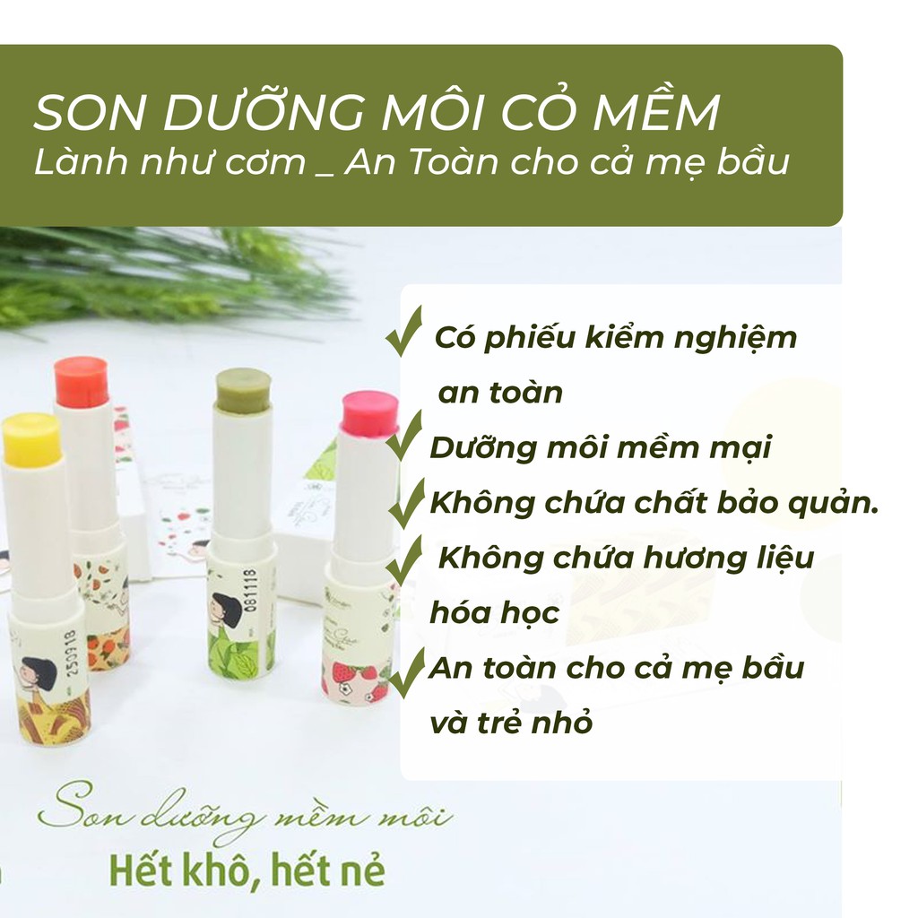 Son Dưỡng Gạo Cỏ Mềm - Son Dưỡng Giảm Thâm Môi, Giúp Môi Mềm Mại, Hồng Hào, Tự Nhiên, 100% Từ Thiên Nhiên 3,6g