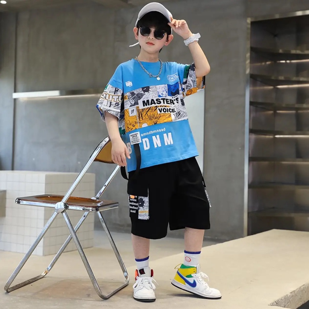 MCBB - 49-60 Kg 100% Vải Cotton Đồ Bộ Cộc Tay Nam Bé Trai & Ba HipHop Áo Thun Nam Quần Shorts Lửng Đùi Phông Quần Áo Nam