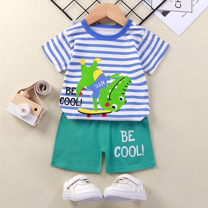 Bộ Áo Thun Tay Ngắn 100% Cotton In Họa Tiết Động Vật Hoạt Hình + Quần Dài Thời Trang Mùa Hè Cho Bé Trai 1-7 Tuổi