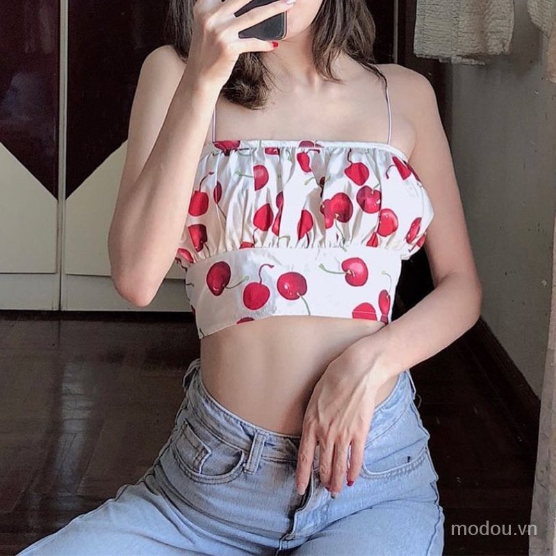 Áo Tank Top Hoạ Tiết Cherry Thiết Kế Trễ Vai Quyến Rũ