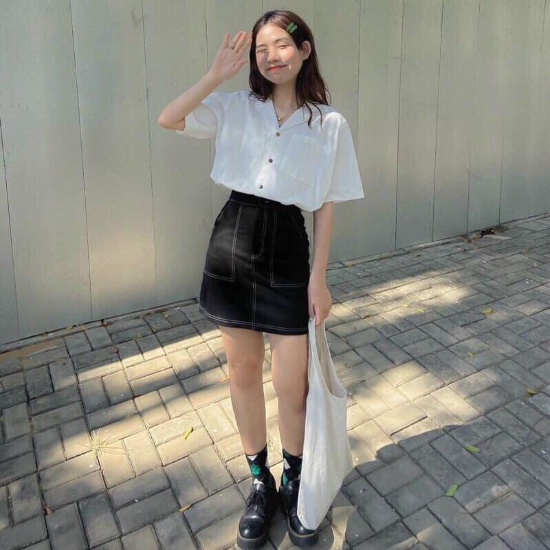 Set Đồ Nữ Ulzzang, Set Áo Sơ Mi Cổ Vest Mix Chân Váy Jean Chỉ Nổi Phong Cách Hàn Quốc Đi Chơi, Đi Làm 🔥FREESHIP +GIÁ SỈ