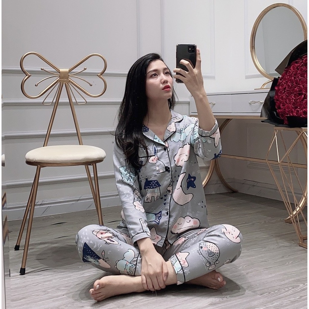 Pijama kate Thái tay dài quần dài full viền đủ mẫu xinh xắn Form dưới 60 kí | BigBuy360 - bigbuy360.vn