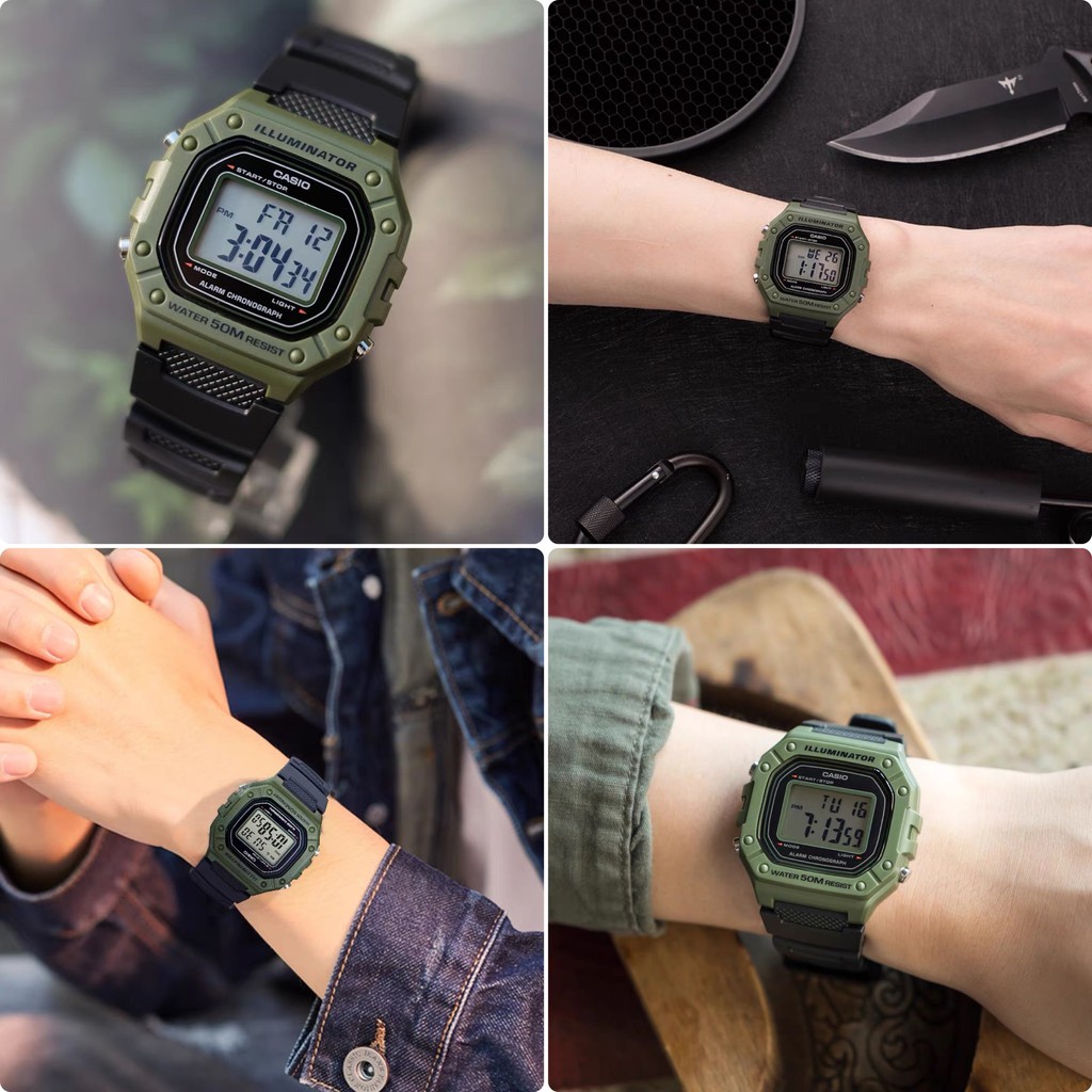 Đồng hồ nam nữ Casio điện tử chính hãng mặt vuông chống nước 3ATM , dây nhựa - đồng hồ W218