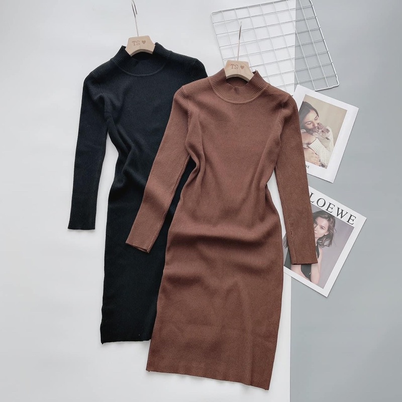 Đầm len,váy len cổ 3p dáng dài chất len tăm ôm body tôn dáng