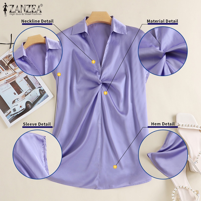 Áo ZANZEA vải satin tay ngắn cổ bẻ dáng rộng thời trang cho nữ
