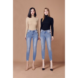 Quần jean nữ lưng cao skinny xanh đá rách xước ổng lửng 7CELEB