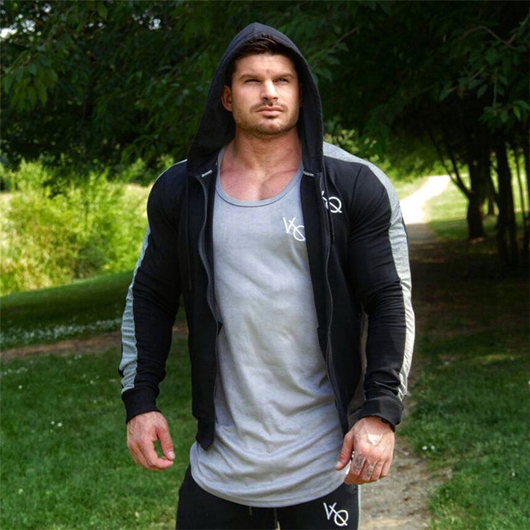 VQ Men's Cotton Striped Long-sleeved Sports Hoodie Fashion Casual Zipper Cardigan