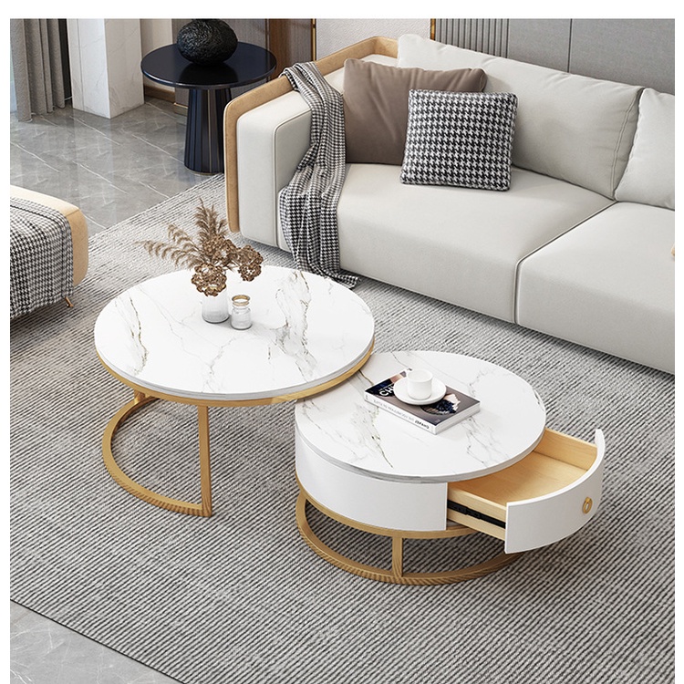 Bàn Trà Tròn Đôi Mặt Đá Hiện Đại Đẹp, Bàn Sofa Uống Nước Sang Trọng Decor Phòng Khách