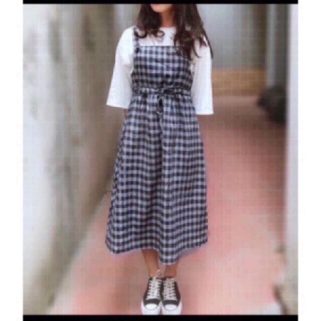 Váy yếm kẻ ULZZANG/VINTAGE thắt nơ hot hit
