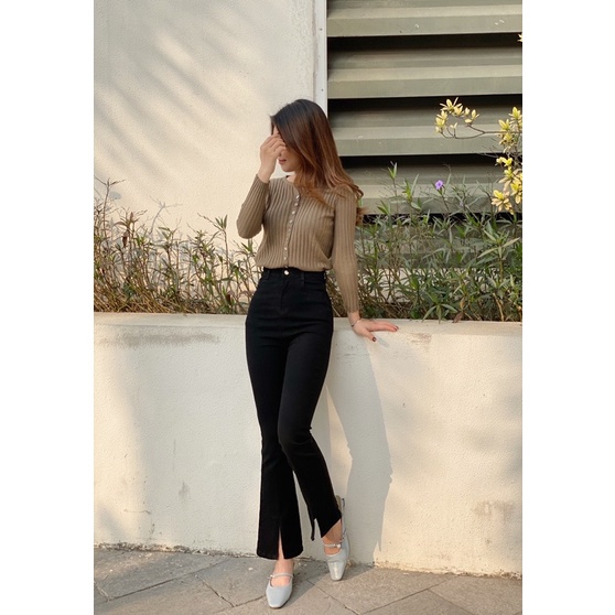 Quần Jeans ống loe xẻ gấu chất co dãn , cạp cao cực tôn dáng hottrend - Hàng Có sẵn