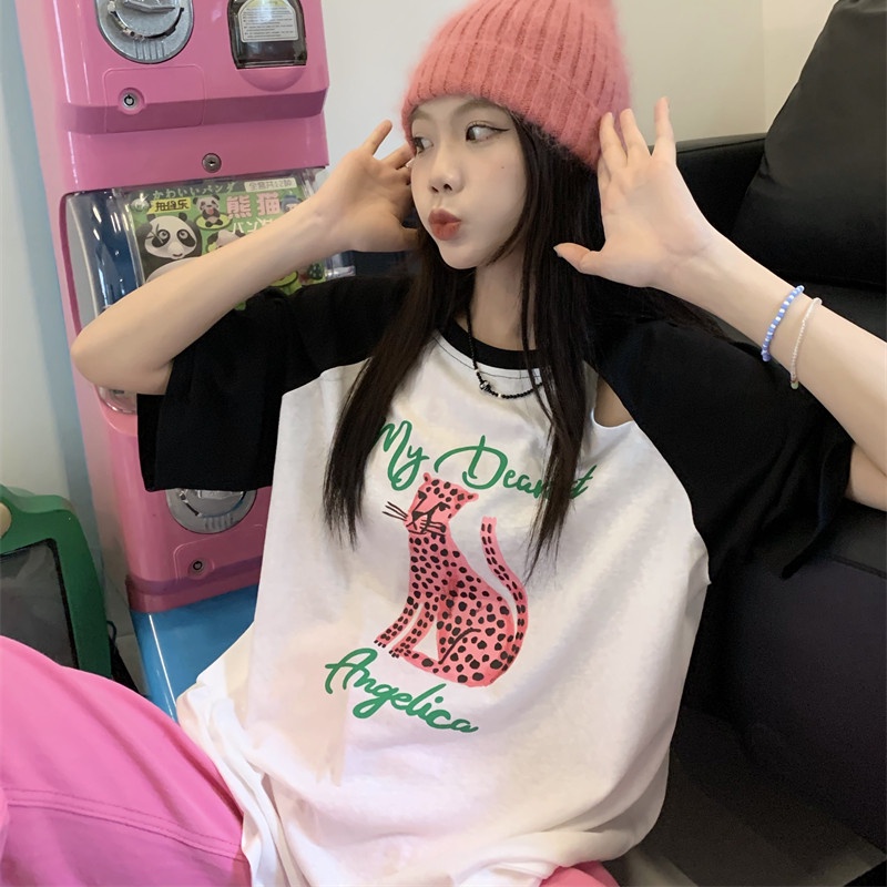 Áo Thun Ngắn Tay Dáng Rộng In Họa Tiết Da Báo Màu Sắc Tương Phản Thời Trang Mùa Hè Cho Nữ