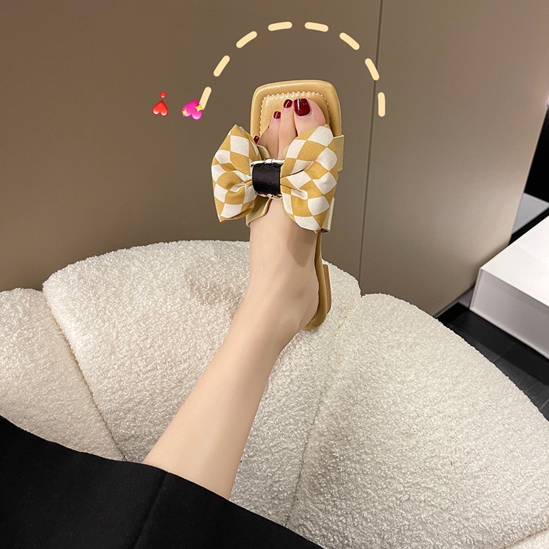 SALE SHOCK Dép lê da mềm 2,5cm bản to đính nơ caro BIG SIZE 41-43