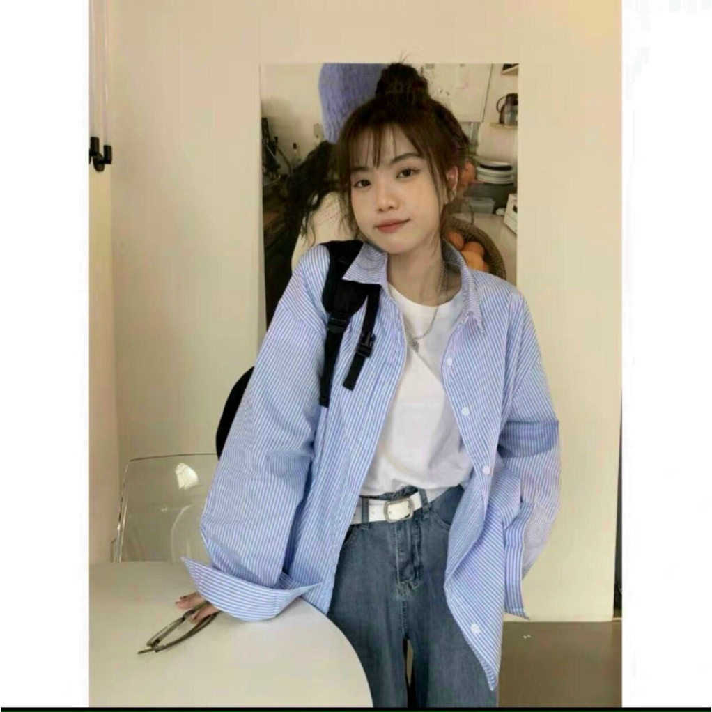 (Mẫu Mới) Áo Sơ Mi Kẻ Sọc OverSize 100% Cotton Siêu Đẹp UP Valentina Shop