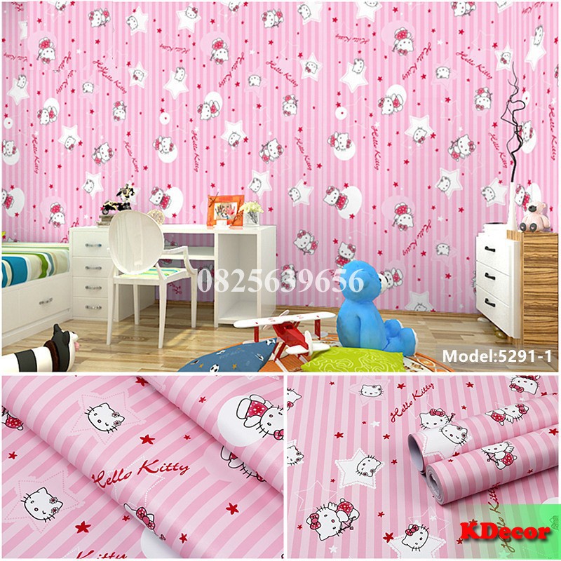 [ẢNH DÁN THẬT] 10m Giấy dán tường KITTY HỒNG có sẵn keo khổ rộng 45cm