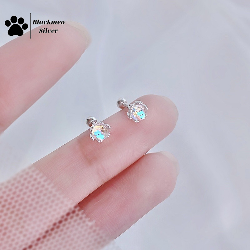Bông tai đá moonstone nhân tạo chuôi bi bạc S925