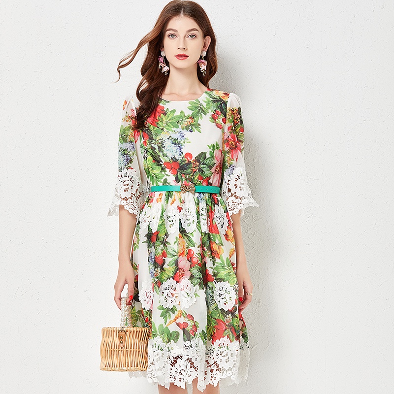Đầm Cotton Chữ A Phối Ren Kèm Thắt Lưng Thời Trang