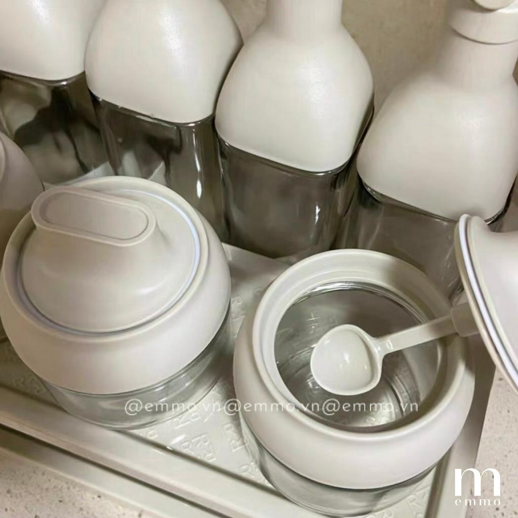 BỘ HỦ ĐỰNG GIA VỊ, CHAI ĐỰNG GIA VỊ KÈM KỆ THỦY TINH CAO CẤP EMMO BLISSFUL