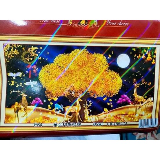 Tranh thêu kín Hươu Tài Lộc dưới cây tiền E64 - Kích thước :100x50cm