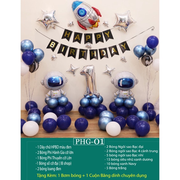 Set bong bóng trang trí sinh nhật happy birthday chủ đề phi hành gia cho bé trai bé gái đầy đủ phụ kiện SN30