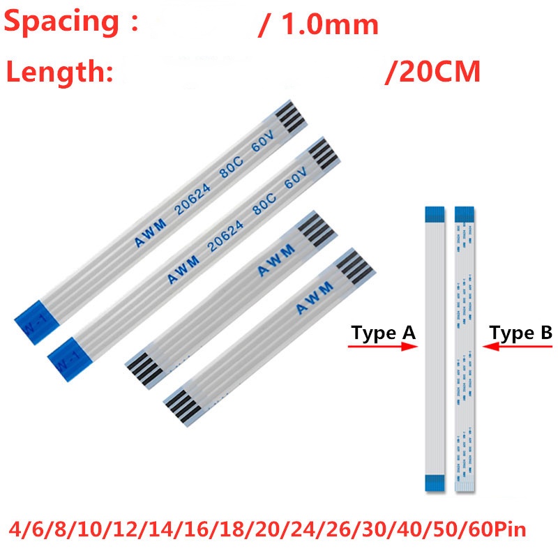 Set 10 Dây Cáp ffc fpc 200mm 1.0mm 4 / 6 / 8 / 10 / 12 / 14 / 16 / 18 / 20 / 24 / 26 / 30 / 40 / 50 / 60Pin