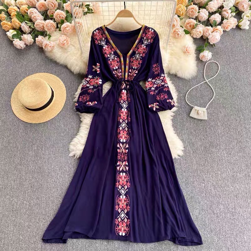 [HÀNG ORDER] Đầm thêu viền hoa thổ cẩm tiểu thư style boho cổ v eo rút dây tay dài bồng