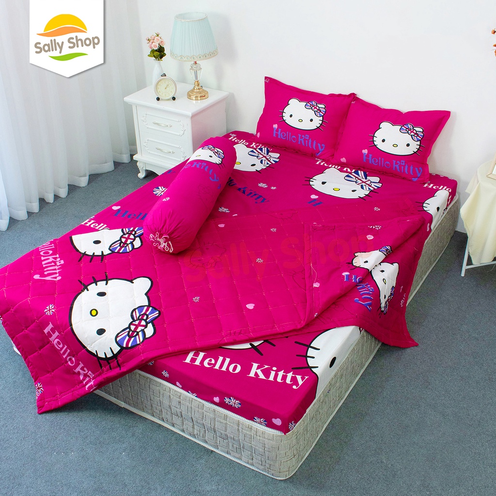 Bộ Chăn Hè Thu Trần Bông Kèm Drap Trải Giường Vải Cotton Poly Mẫu KITTY ĐỎ