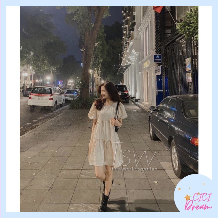 váy nữ cộc tay babydoll 3 tầng cổ tròn, Đầm  nữ cộc tay babydoll 3 tầng cổ tròn tay bồng 3 màu