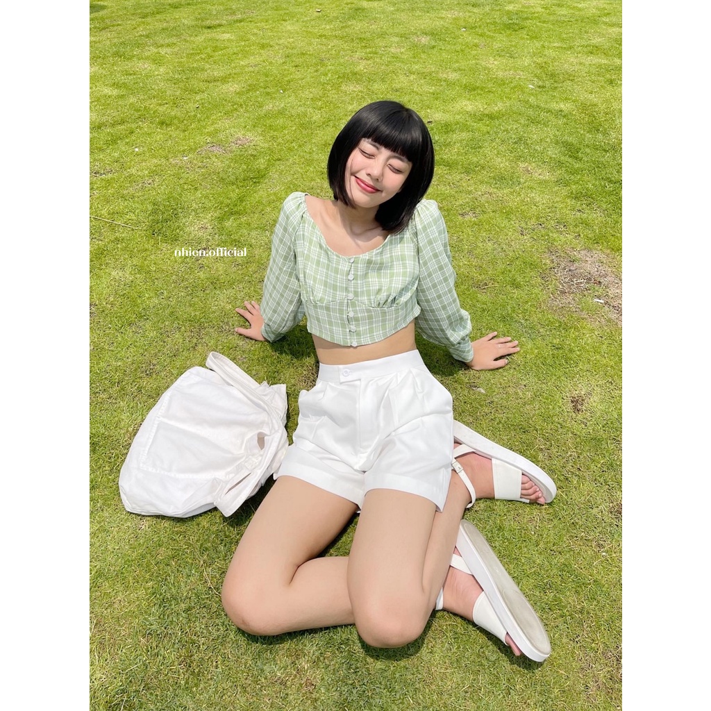 Áo Croptop Caro Tay Dài Xanh Lá Nhienvintage BA67