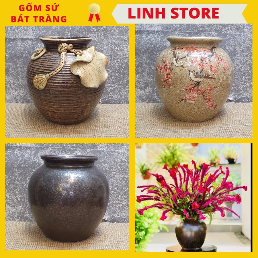 Gốm Bát Tràng Bình Hoa Lọ Hoa Men Mộc Dáng Vò Tròn Đắp Sen Nổi, Vẽ Hoa Văn, Bóng Gốm Linh Store